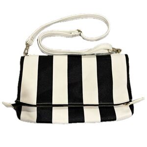 Black and White Pinstriped Purse. Fold Over with Zipper Pocket. 3 Pockets inside